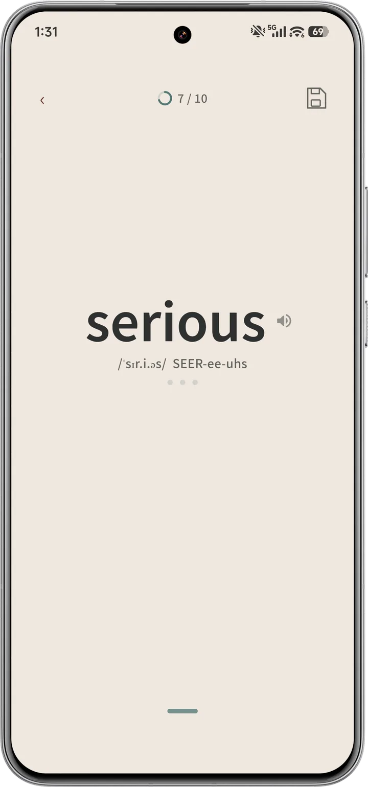 GouTA の実際の画面 · serious の単語ページ